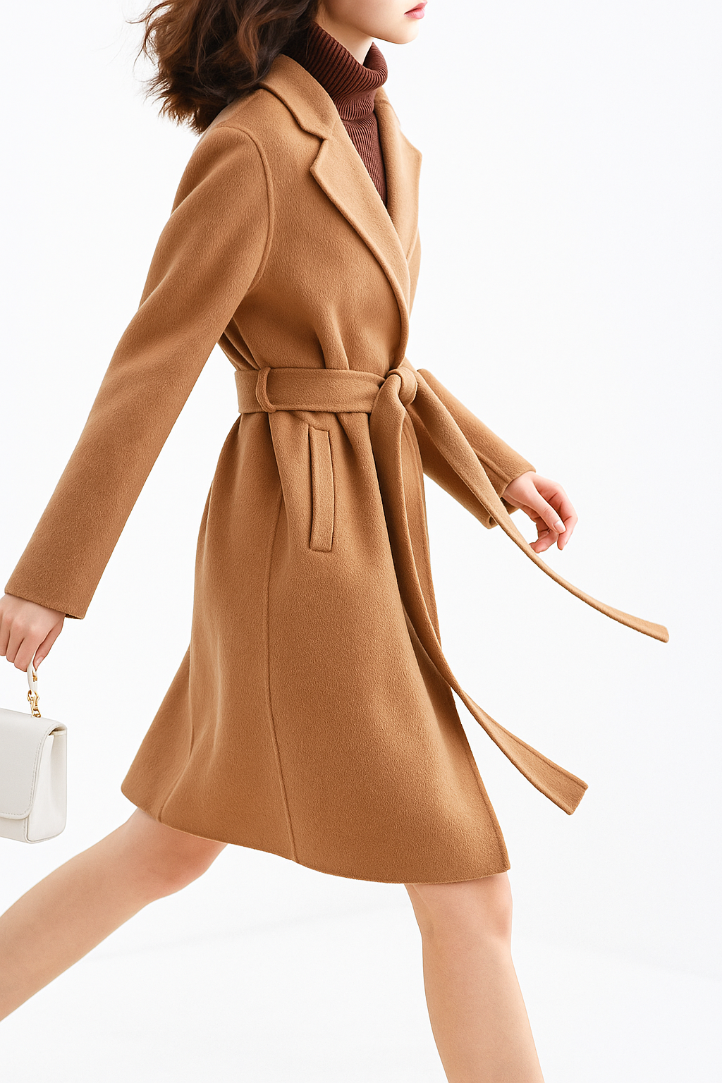 Elegant long belted wool coat for women by Christine Brewer, featuring a classic design and tailored fit.