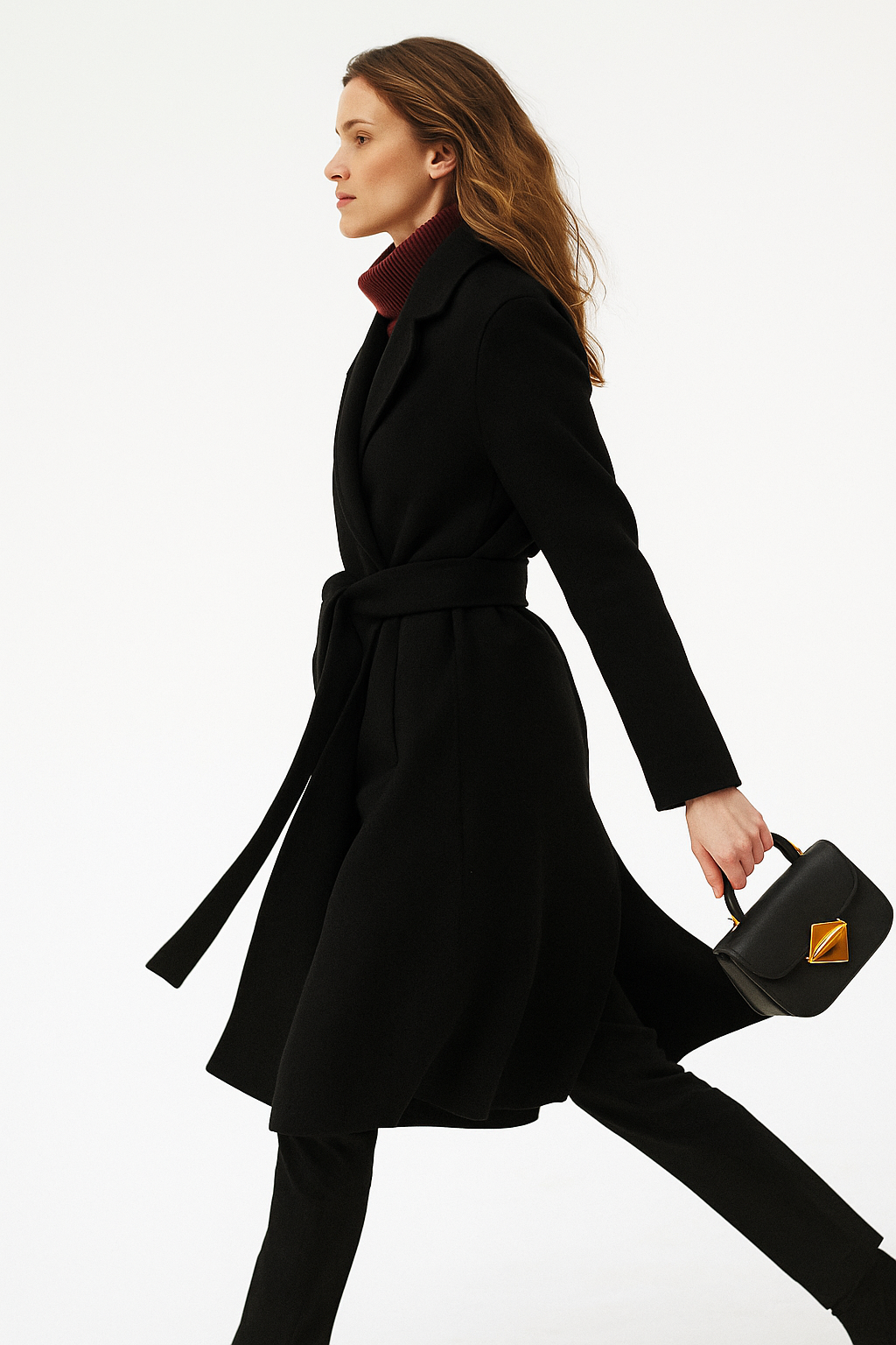 Olivia long belted wool coat for women by Christine Brewer, stylish beige wool coat with a belt and classic collar detail.