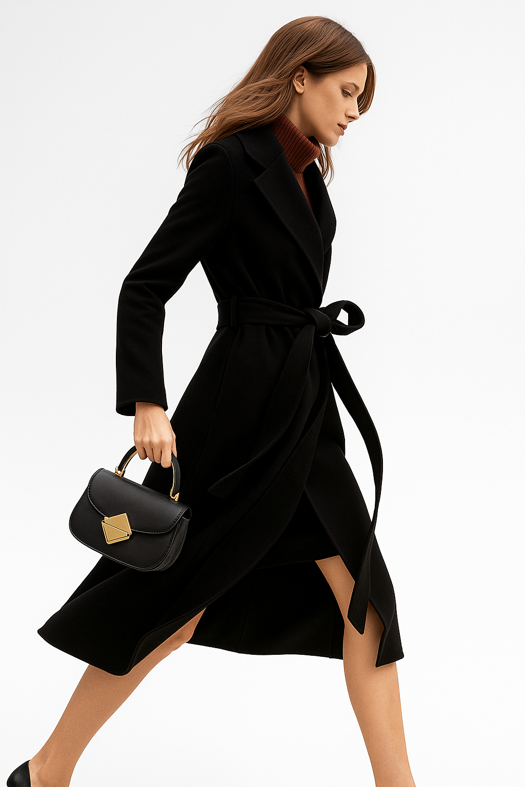 Olivia long belted wool coat for women by Christine Brewer, stylish and warm outerwear with a belt and classic design.