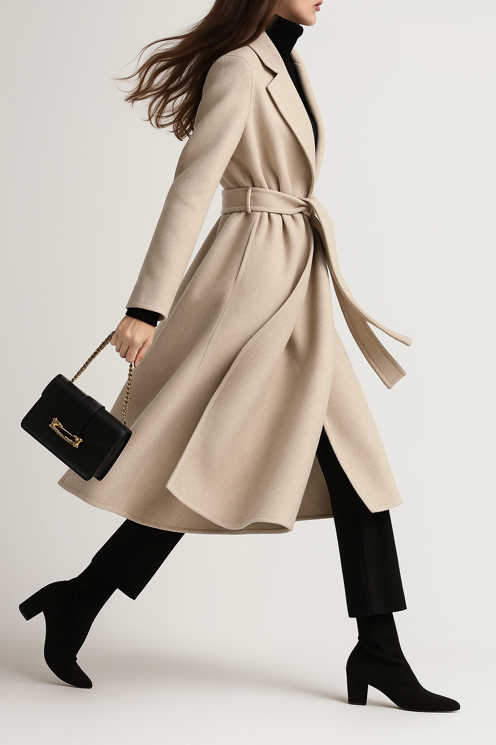 Olivia long belted wool coat for women by Christine Brewer, featuring a tailored fit and elegant design in neutral wool fabric.
