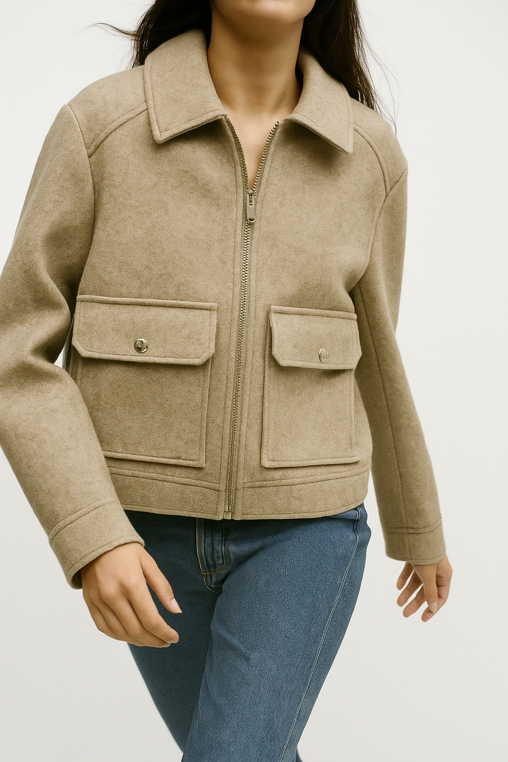 Isla cropped zip-up utility jacket for women by Christine Brewer, featuring stylish suede fabric and functional design.