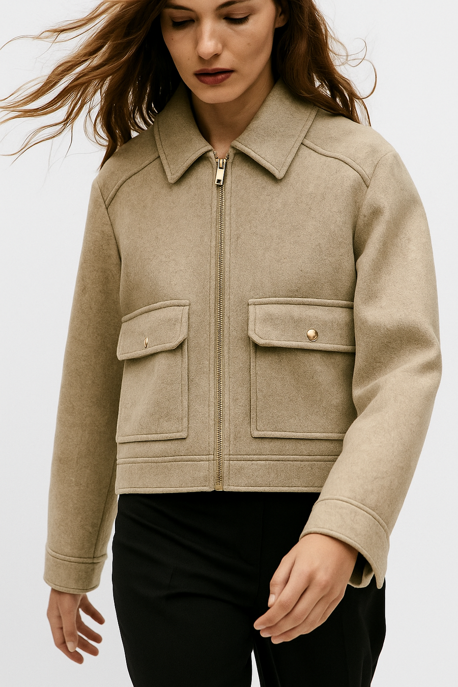 Women’s cropped zip-up utility jacket by Christine Brewer in stylish suede with front pockets and a modern design.