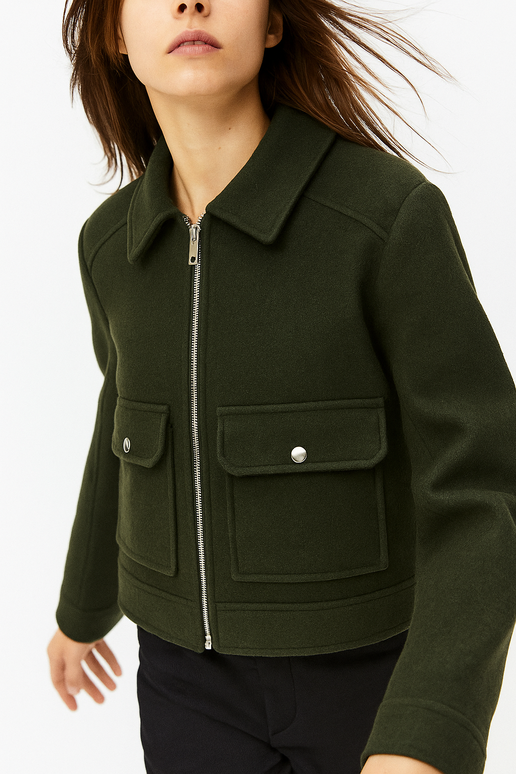 Isla cropped zip-up utility jacket for women by Christine Brewer, featuring suede fabric and functional front zipper.