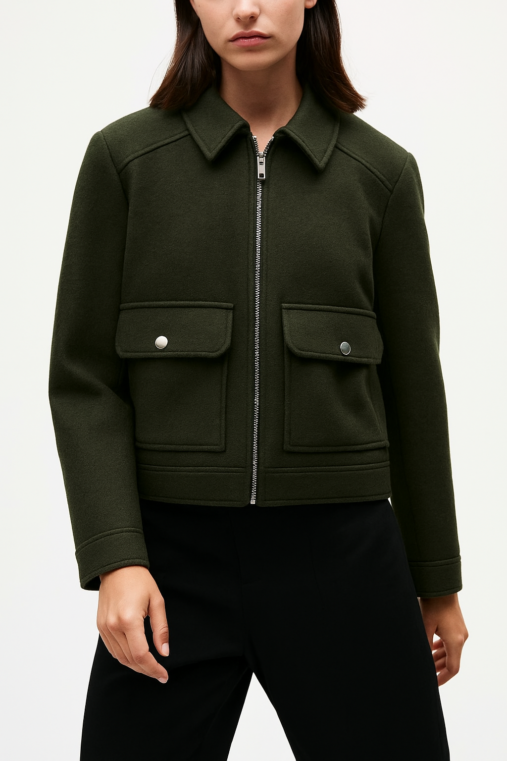 Isla cropped zip-up utility jacket for women in suede, featuring a stylish design by Christine Brewer, front view.