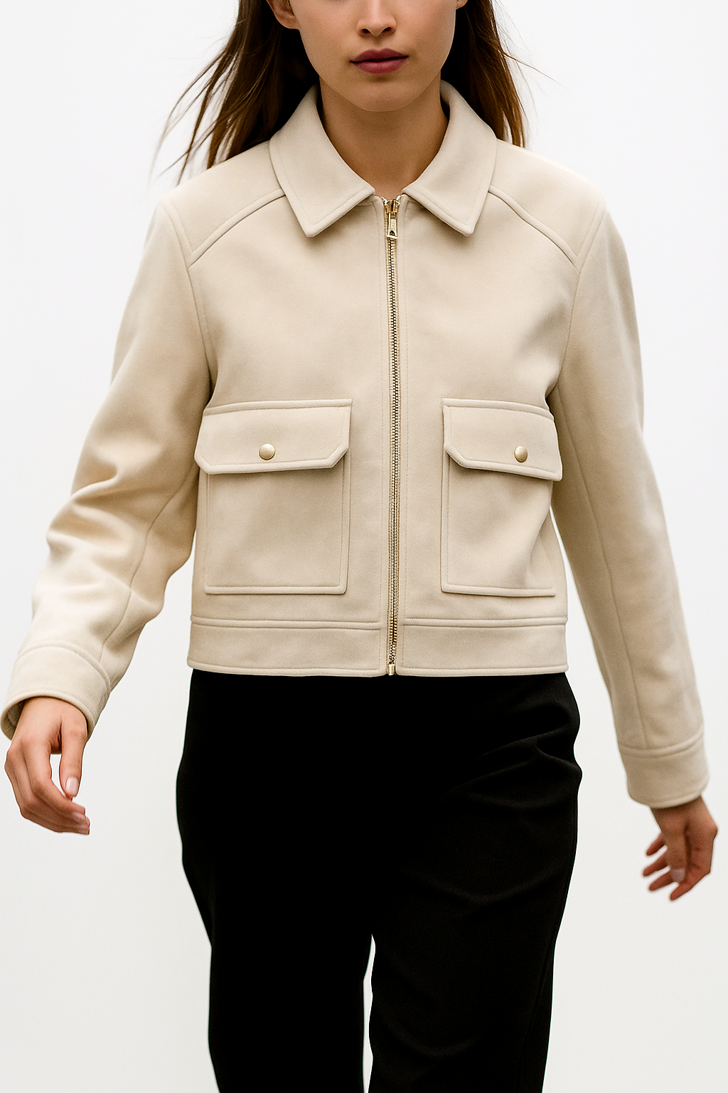 Christine Brewer Isla cropped zip-up utility jacket for women, showcasing suede fabric with front zipper and utility-style design
