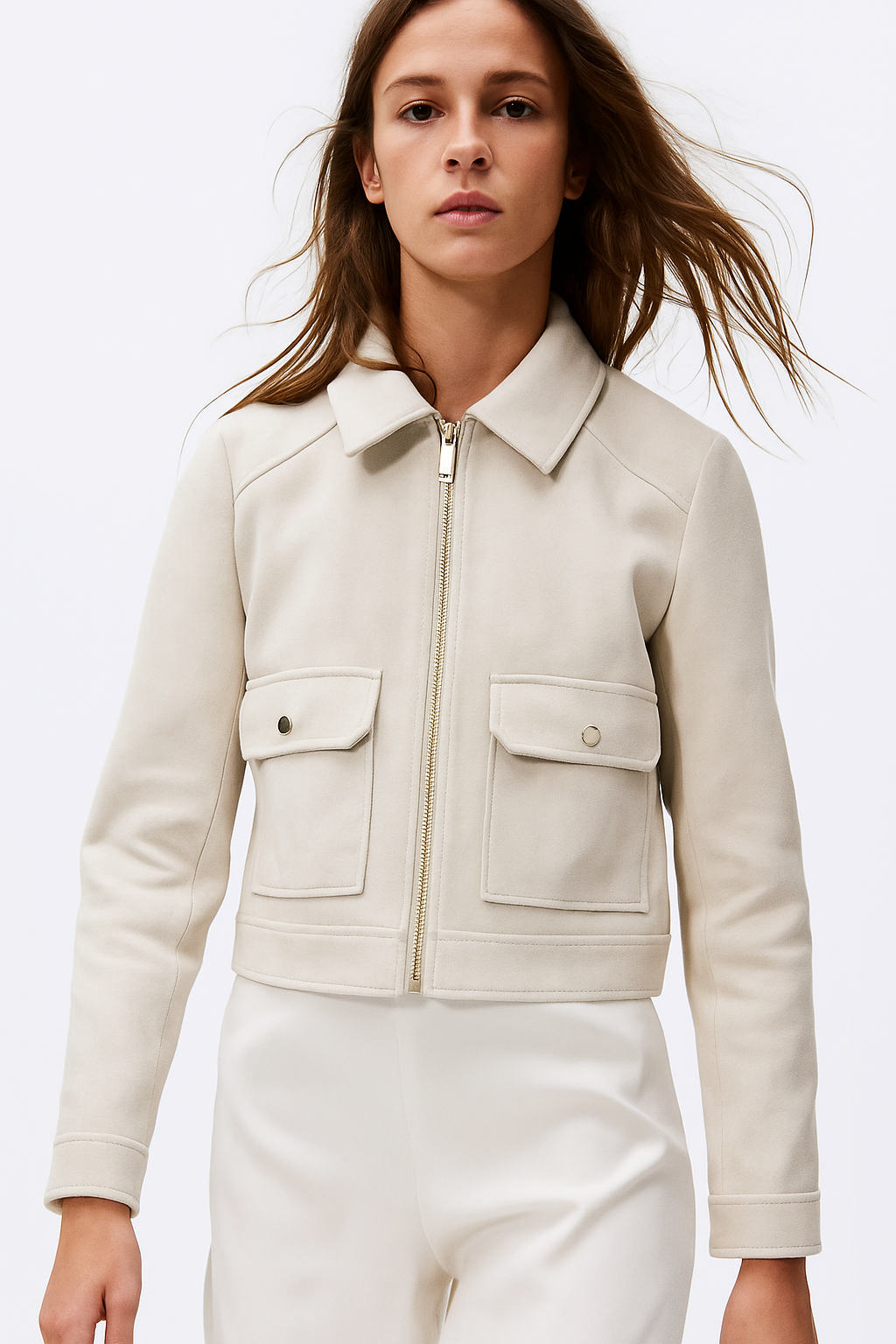 Isla cropped zip-up utility jacket for women by Christine Brewer, featuring suede fabric and functional design details.
