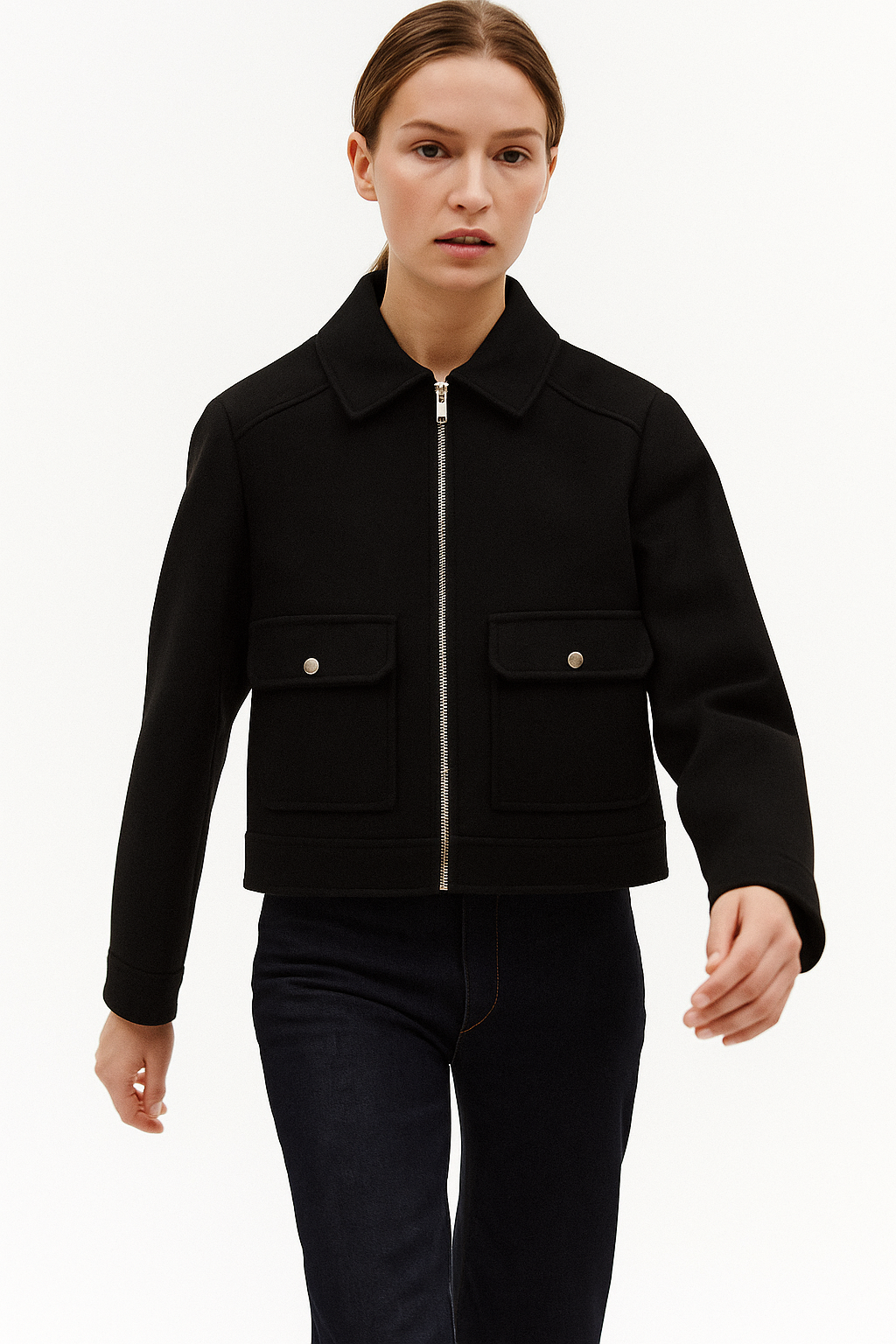 Women's Isla cropped zip-up utility jacket by Christine Brewer, featuring sleek suede material and a modern, stylish design.
