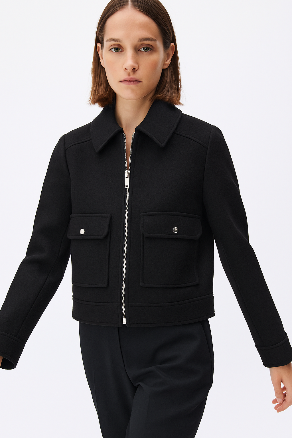 Christine Brewer Isla cropped zip-up utility jacket for women in sleek suede, featuring a modern style and functional design.