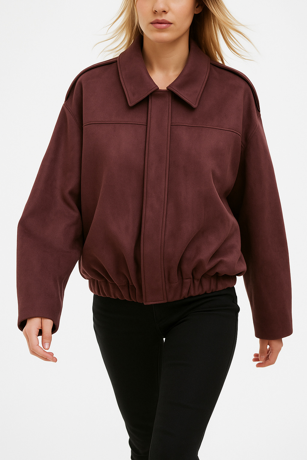 Willow oversized zip-up overshirt jacket for women by Christine Brewer, showcasing a stylish, elegant suede jacket with a zip front.