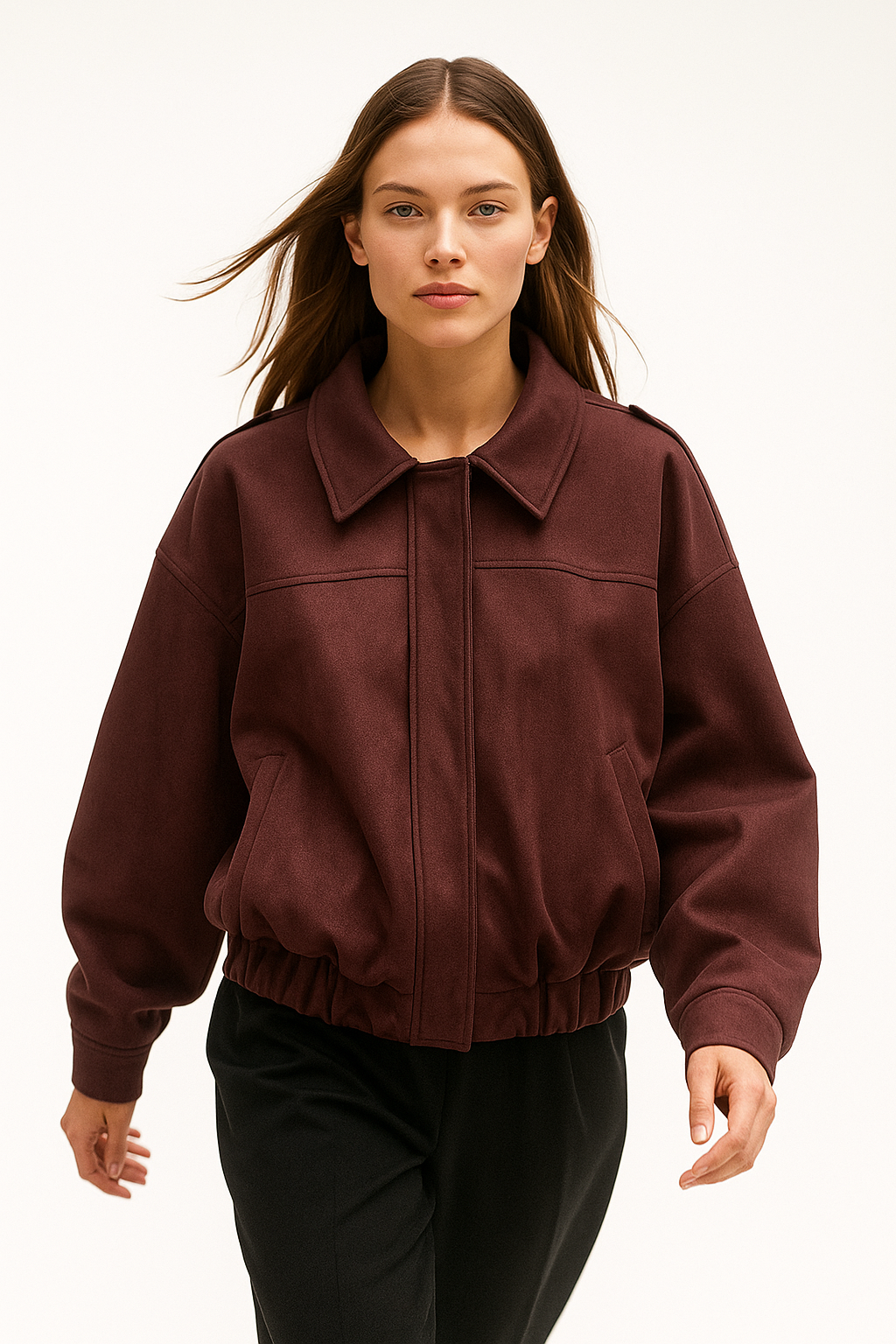 Willow oversized zip-up overshirt jacket for women in elegant suede, shown in natural beige with front zipper and relaxed fit.