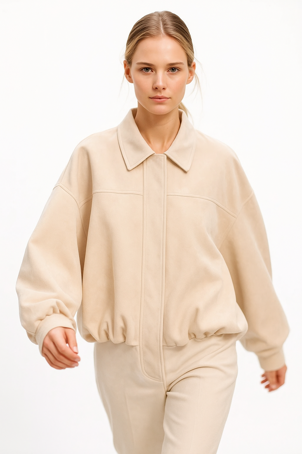 Willow oversized zip-up suede overshirt jacket for women by Christine Brewer, shown in a stylish, relaxed fit with front zipper details.