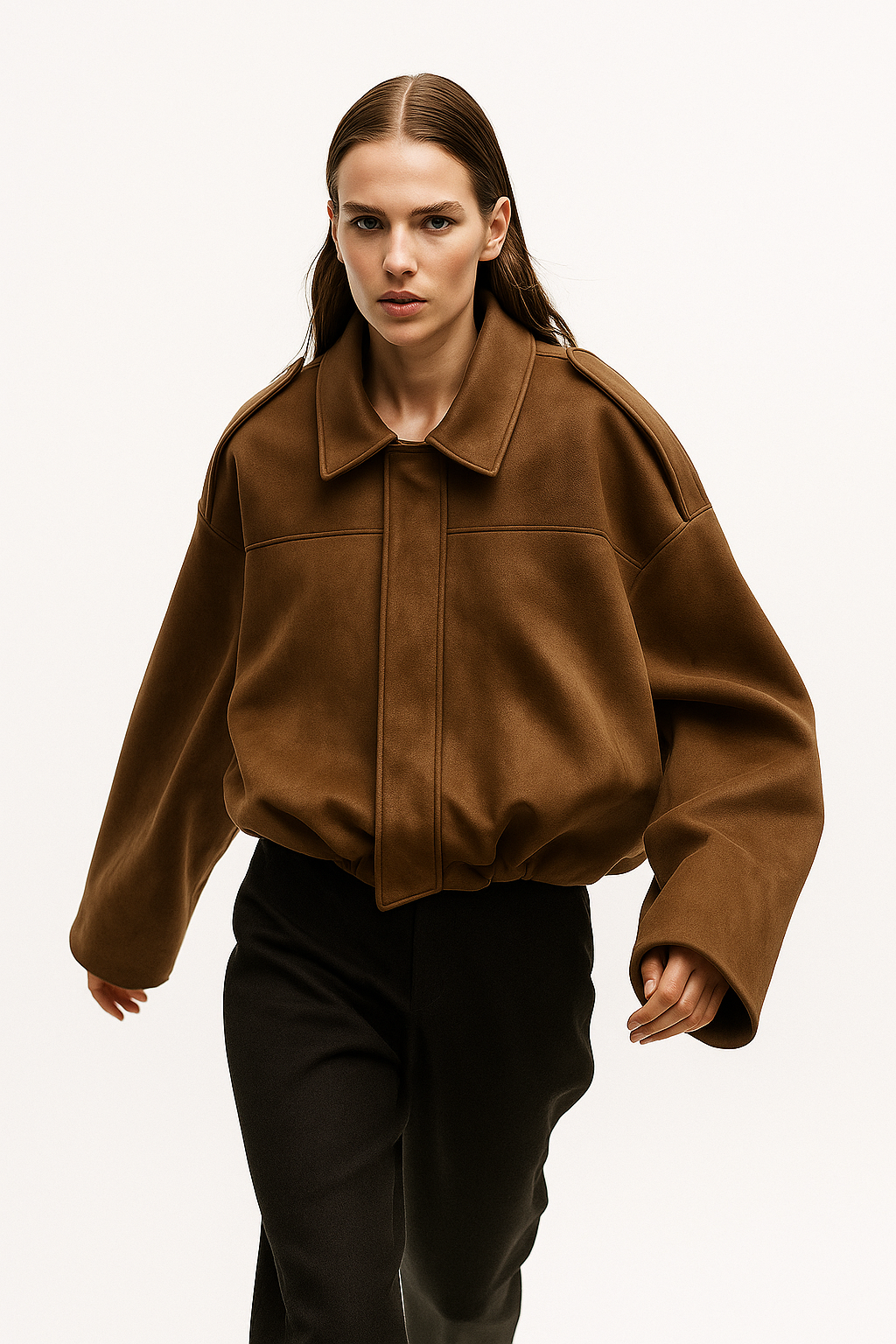 Willow oversized zip-up suede overshirt jacket for women by Christine Brewer, shown with front zipper and soft suede texture.