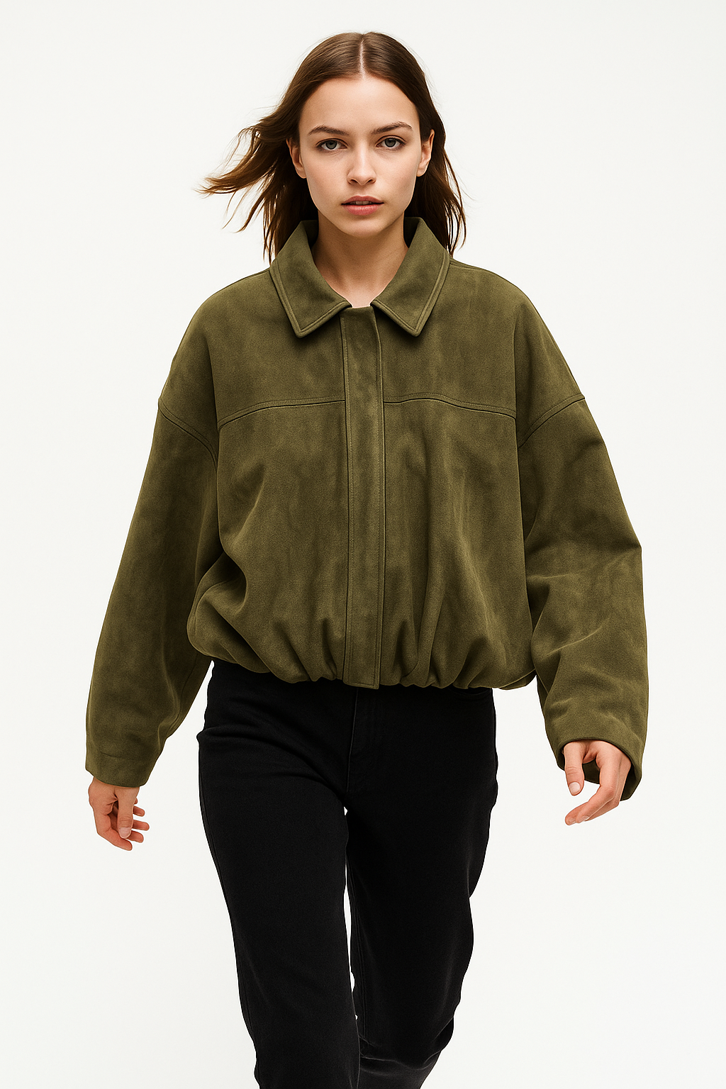 Willow oversized zip-up overshirt jacket for women by Christine Brewer, featuring a suede-style fabric and relaxed fit.
