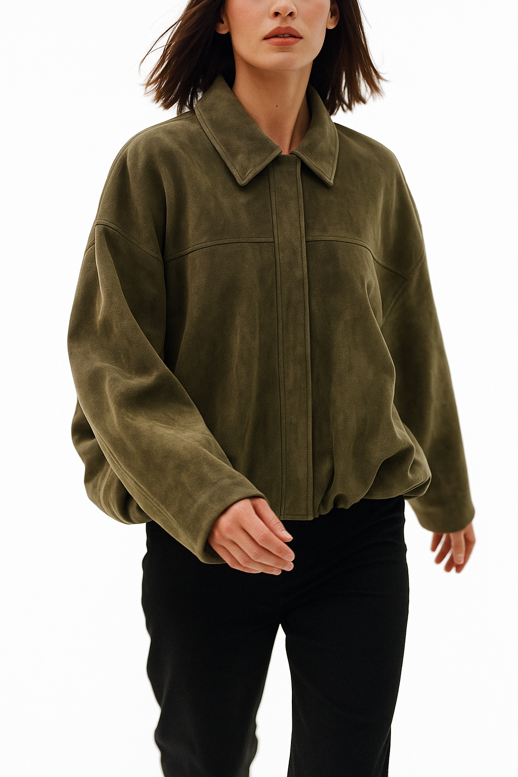 Willow oversized zip-up suede overshirt jacket for women by Christine Brewer, featuring a relaxed fit and front zipper detail.