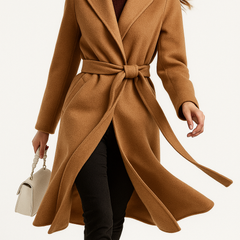 Long belted wool coat for women by Christine Brewer, featuring a tailored design and elegant silhouette in the image.