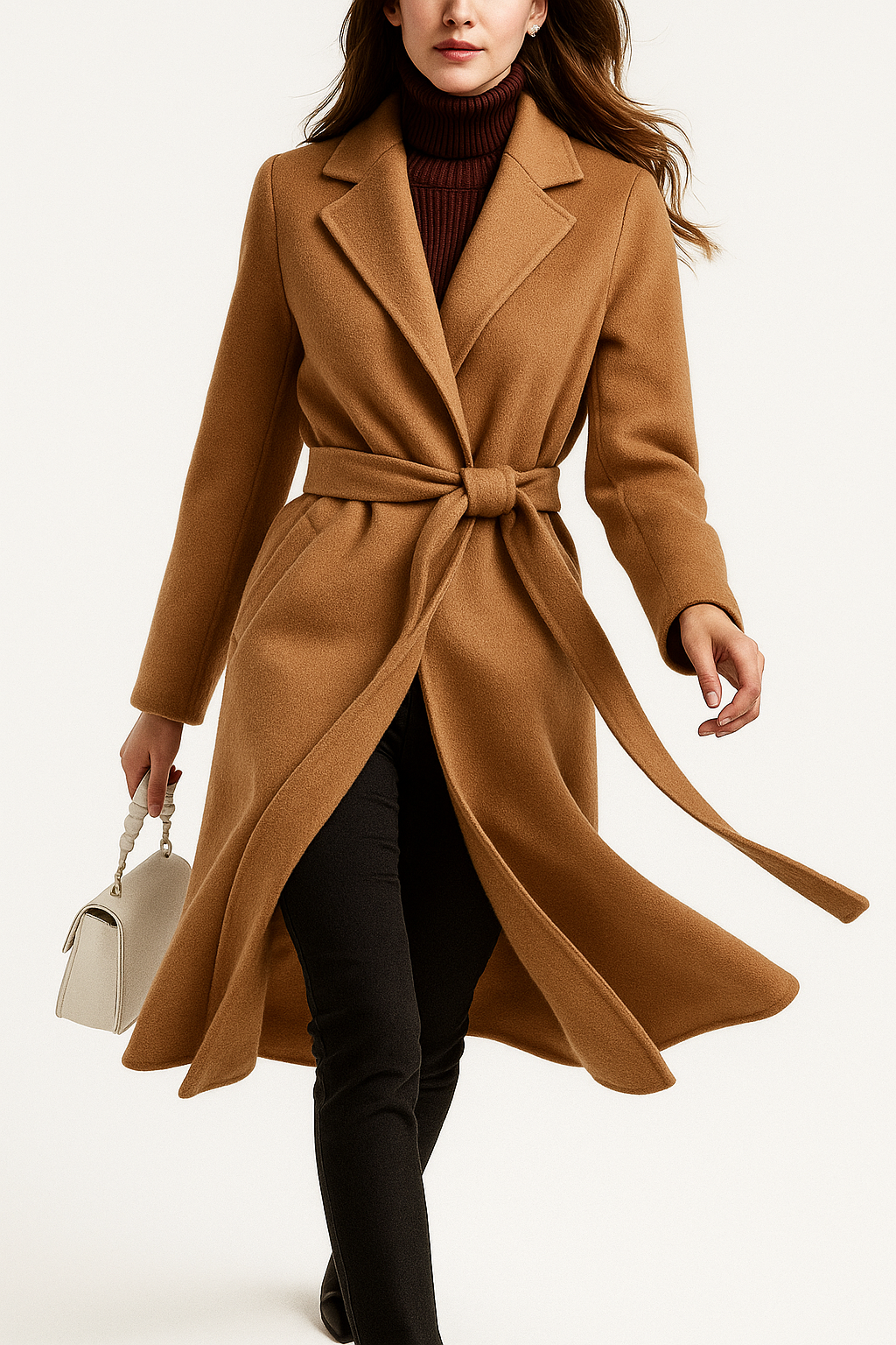 Long belted wool coat for women by Christine Brewer, featuring a tailored design and elegant silhouette in the image.