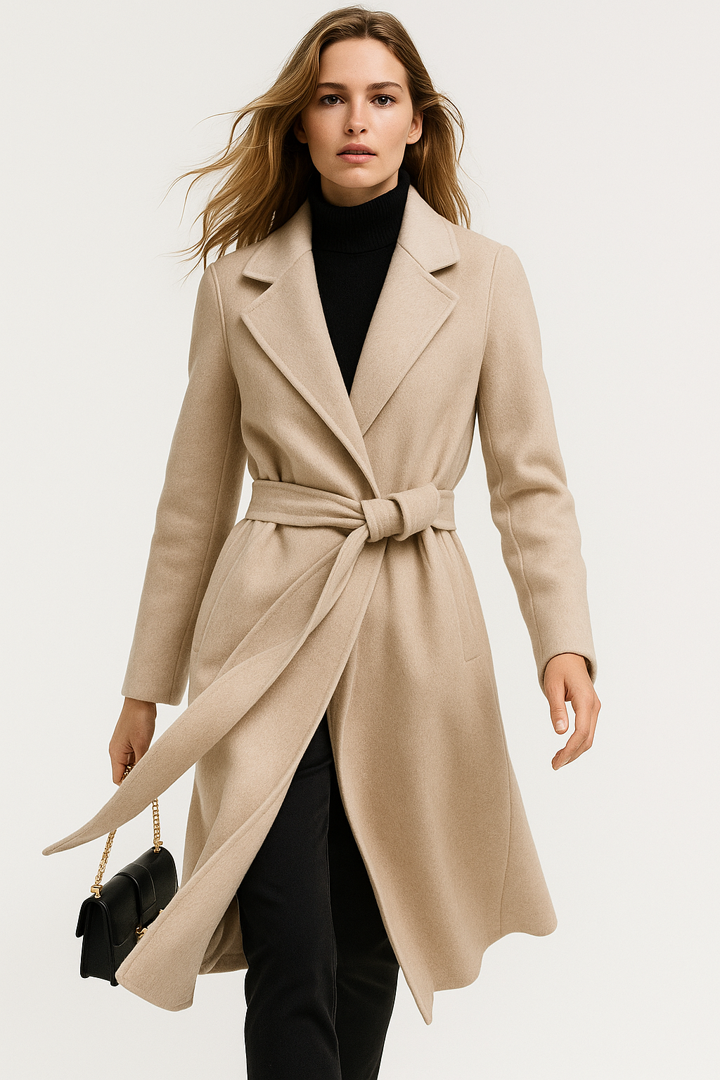 Elegant Olivia long belted wool coat for women by Christine Brewer, shown in a stylish display with a classic silhouette and belt detail.