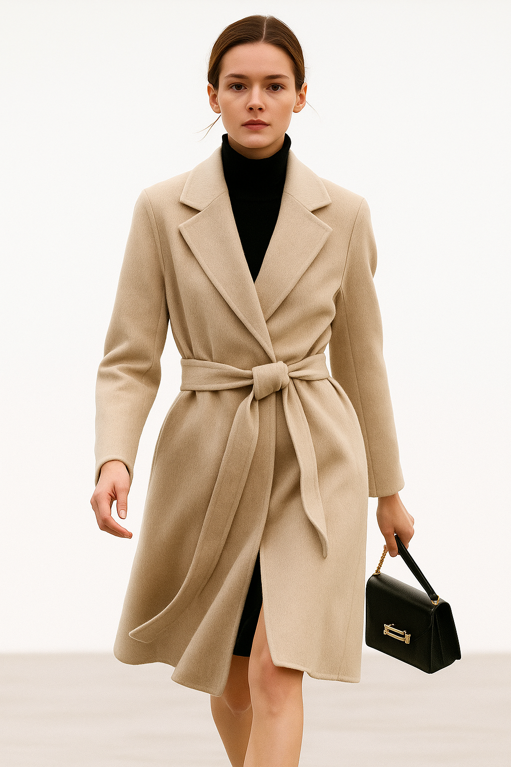 Olivia long belted wool coat for women by Christine Brewer, displayed on a mannequin with a stylish, elegant silhouette.
