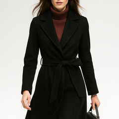 Long belted wool coat for women by Christine Brewer, shown in a stylish, elegant design with a belt and tailored fit.