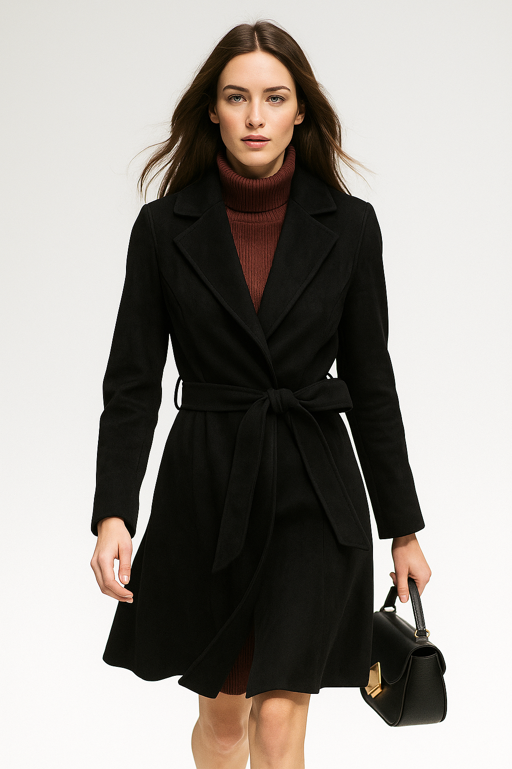 Long belted wool coat for women by Christine Brewer, shown in a stylish, elegant design with a belt and tailored fit.