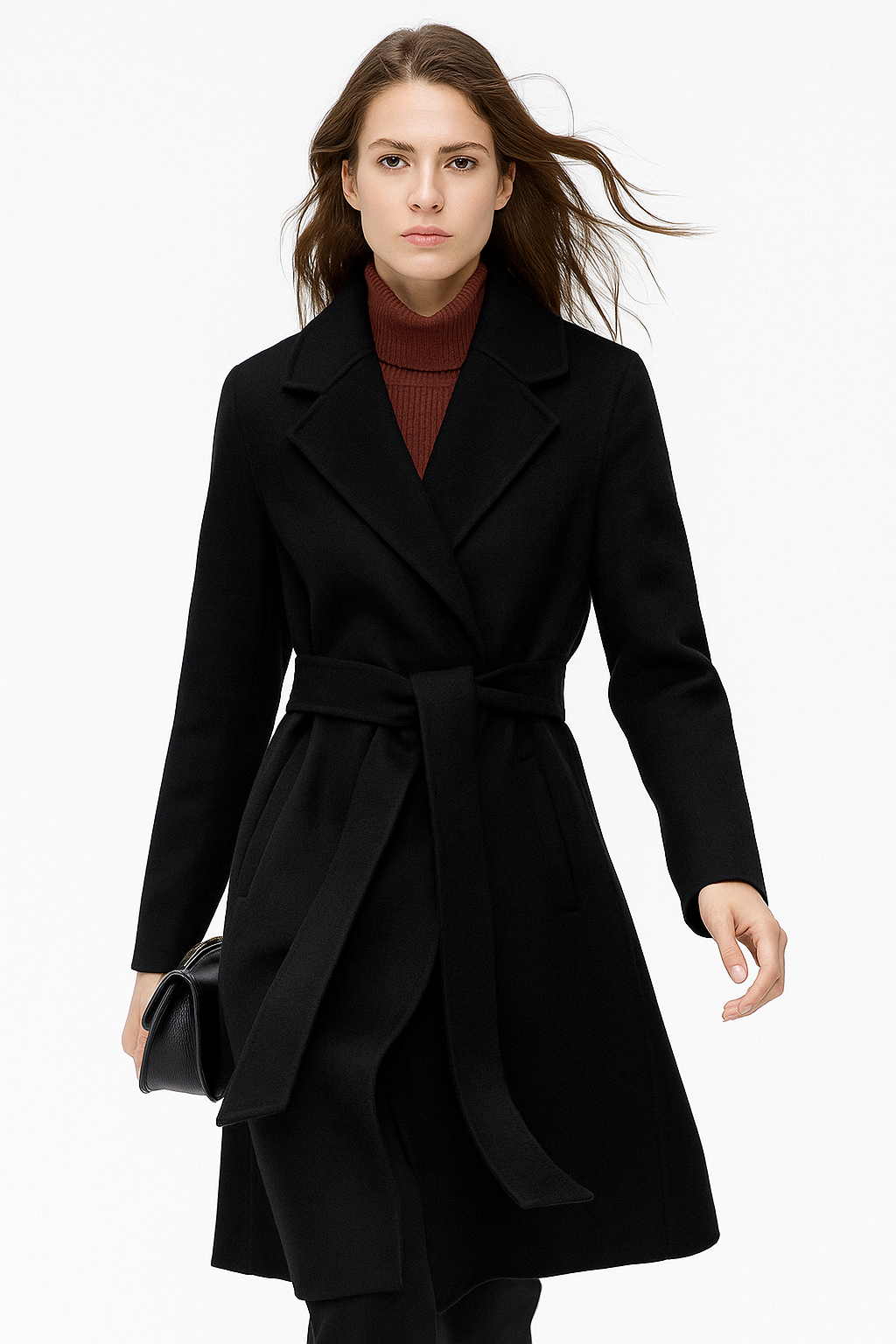 Elegant wool coat for women by Christine Brewer, featuring a long belted design and sophisticated style.