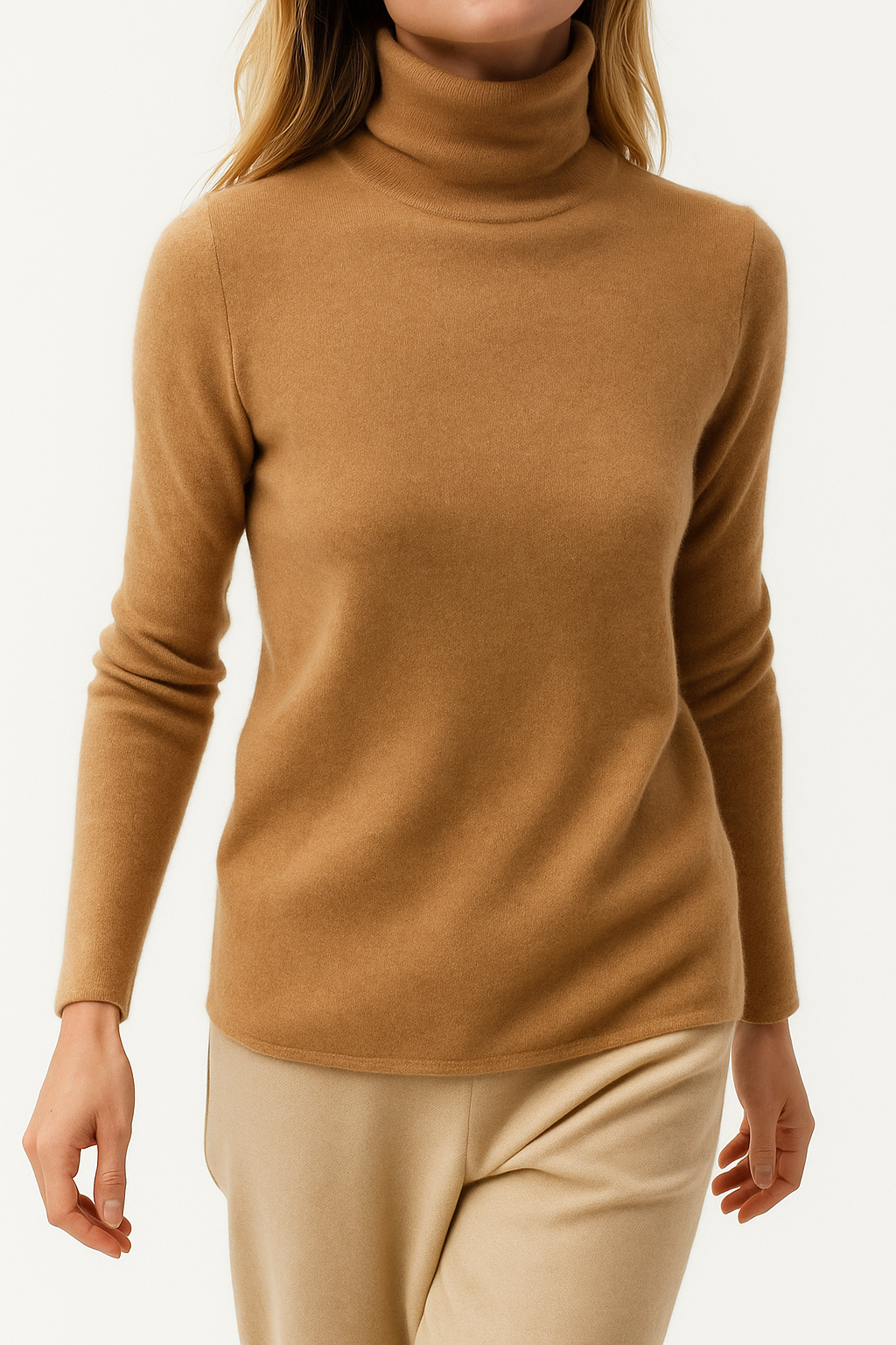 Elegant cashmere turtleneck sweater for women by Christine Brewer, featuring a cozy fit and classic design in soft fabric.