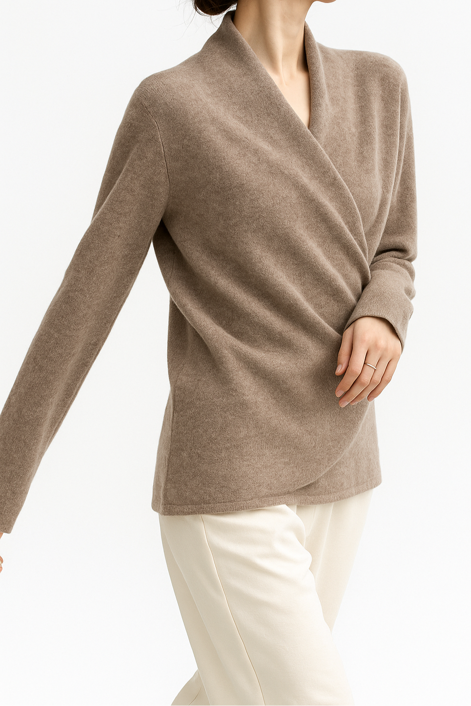 Elegant motion shot of Christine Brewer Gwen cashmere V-neck sweater for women, showcasing soft fabric and stylish fit.