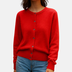 Christine Brewer Stella cashmere button-front sweater for women, vibrant knit with front button closure and long sleeves.