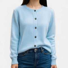 Elegant Christine Brewer Stella cashmere button-front sweater for women displayed on a mannequin with a neutral background.