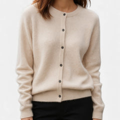 Christine Brewer Harper classic cashmere sweater in neutral tones, showcasing soft, cozy knit fabric and versatile design.