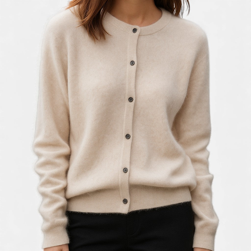 Christine Brewer Harper classic cashmere sweater in neutral tones, showcasing soft, cozy knit fabric and versatile design.