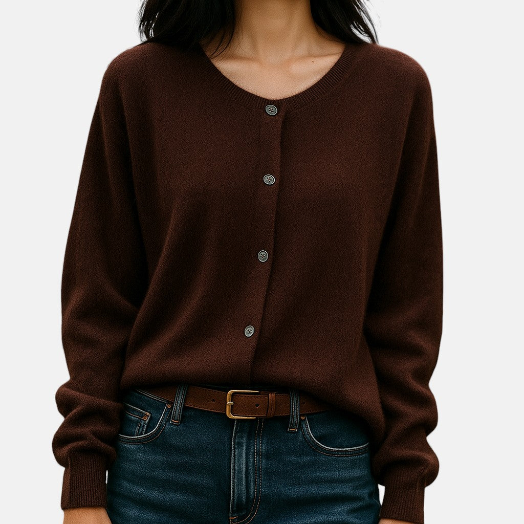 Christine Brewer Stella cashmere button-front women's sweater showing a soft, luxurious knit in a relaxed fit.