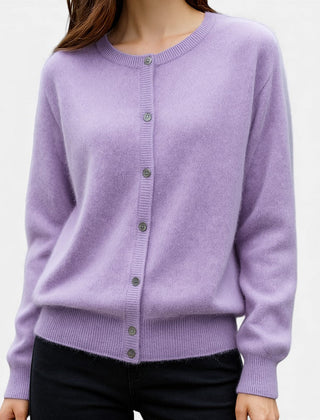 Christine Brewer Stella women's cashmere button-front sweater in elegant lavender, displayed on a mannequin.