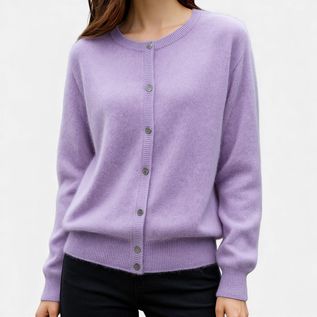 Christine Brewer Harper versatile classic cashmere sweater in elegant lavender, displayed flat showing soft knit texture.