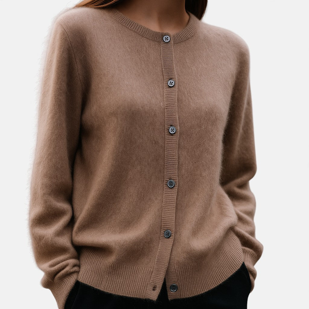 Elegant cream cashmere button-front sweater for women by Christine Brewer, featuring a soft knit fabric and classic design.
