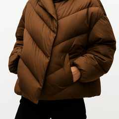Brown cropped hooded puffer jacket for women by Christine Brewer, featuring a stylish padded design and hooded collar.