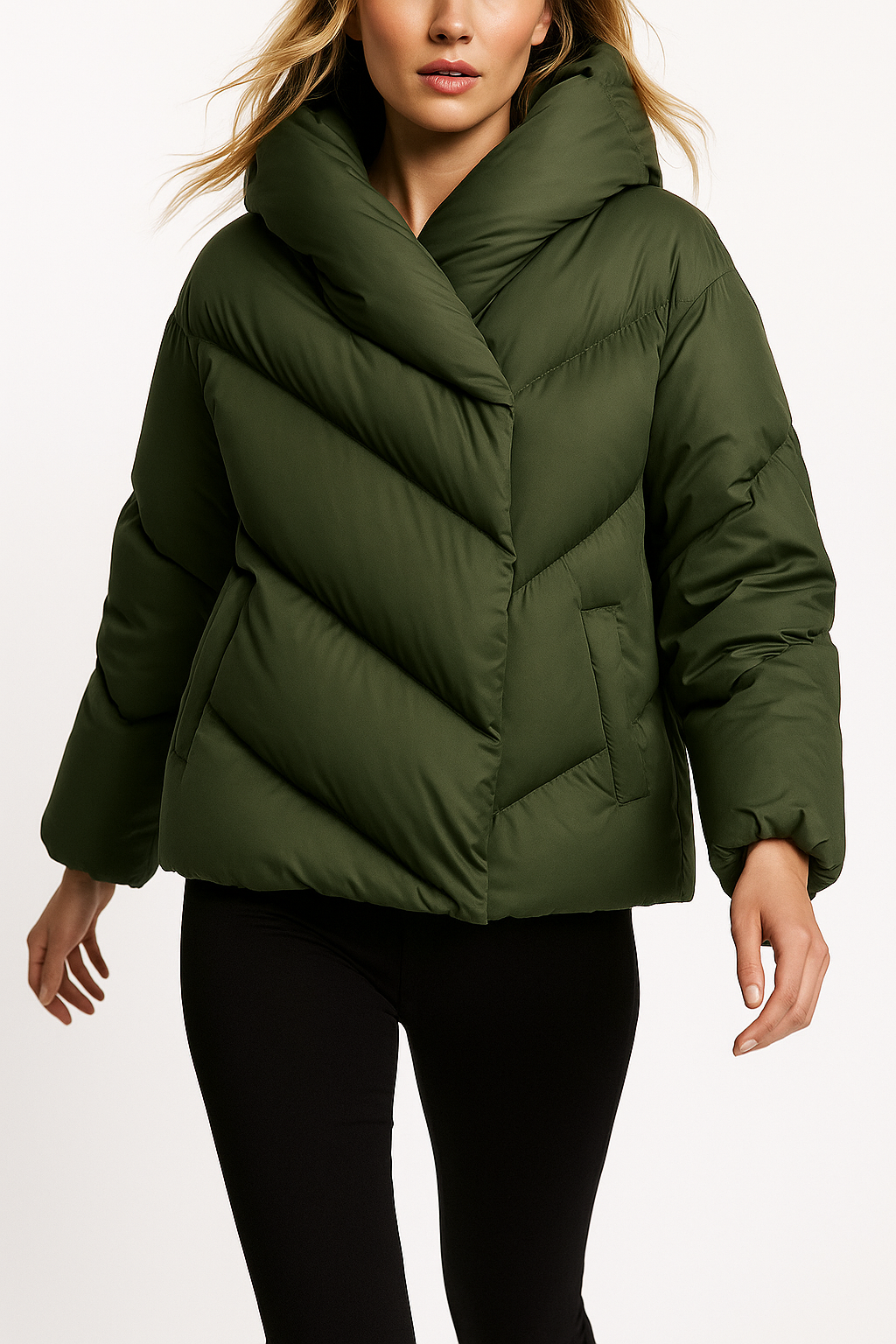 Grace cropped hooded puffer jacket for women by Christine Brewer, stylish insulated winter coat with a hood and quilted design.