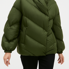 Women’s cropped hooded puffer jacket by Christine Brewer, stylish quilted outerwear with hood and warm padding.