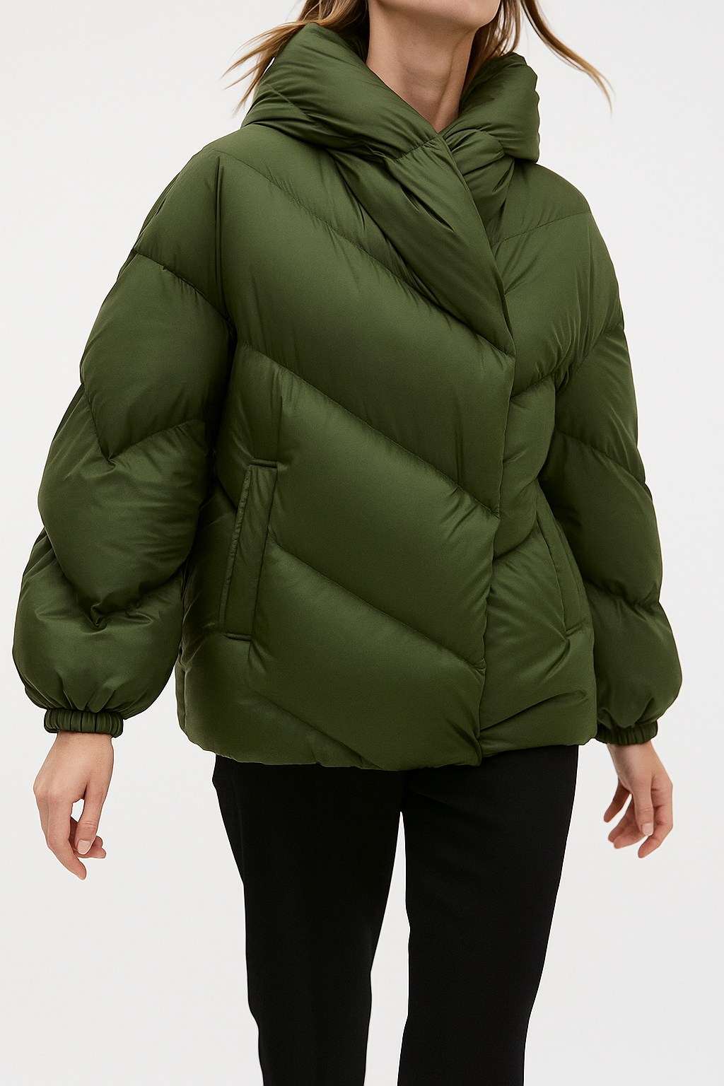 Women’s cropped hooded puffer jacket by Christine Brewer, stylish quilted outerwear with hood and warm padding.