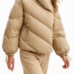 Christine Brewer Grace cropped hooded puffer jacket for women, featuring a stylish quilted design and adjustable hood.