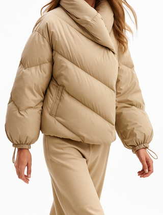 Christine Brewer Grace cropped hooded puffer jacket for women, featuring a stylish quilted design and adjustable hood.