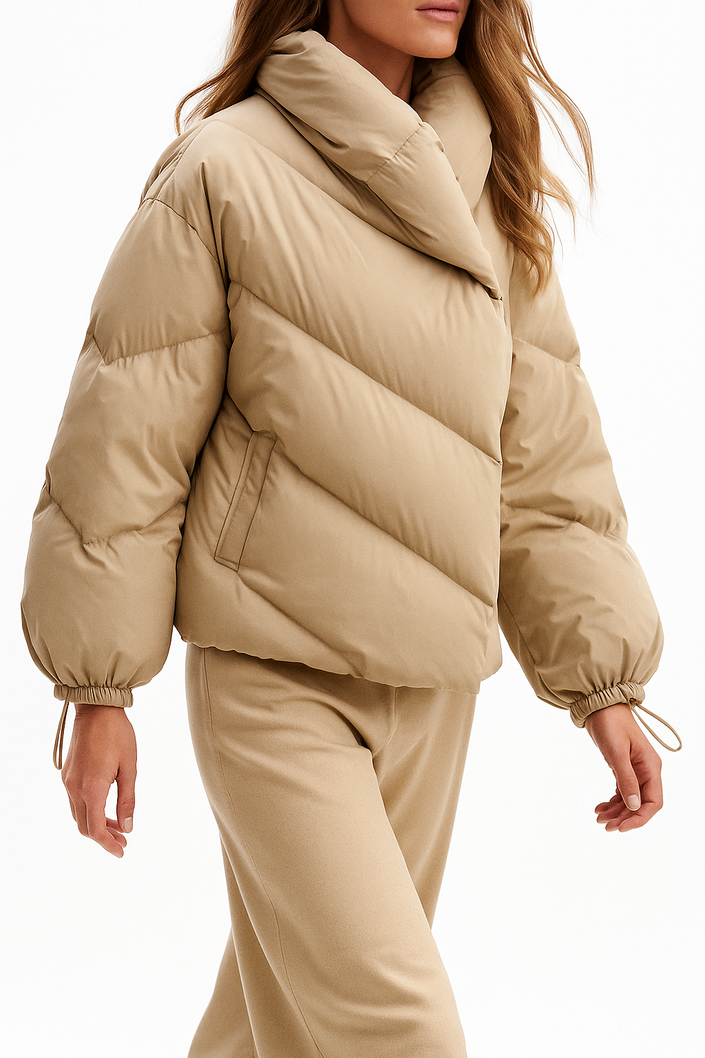 Christine Brewer Grace cropped hooded puffer jacket for women, featuring a stylish quilted design and adjustable hood.
