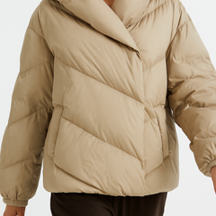 Christine Brewer Grace cropped hooded puffer jacket for women, shown in a close-up view highlighting the quilted design and hood.