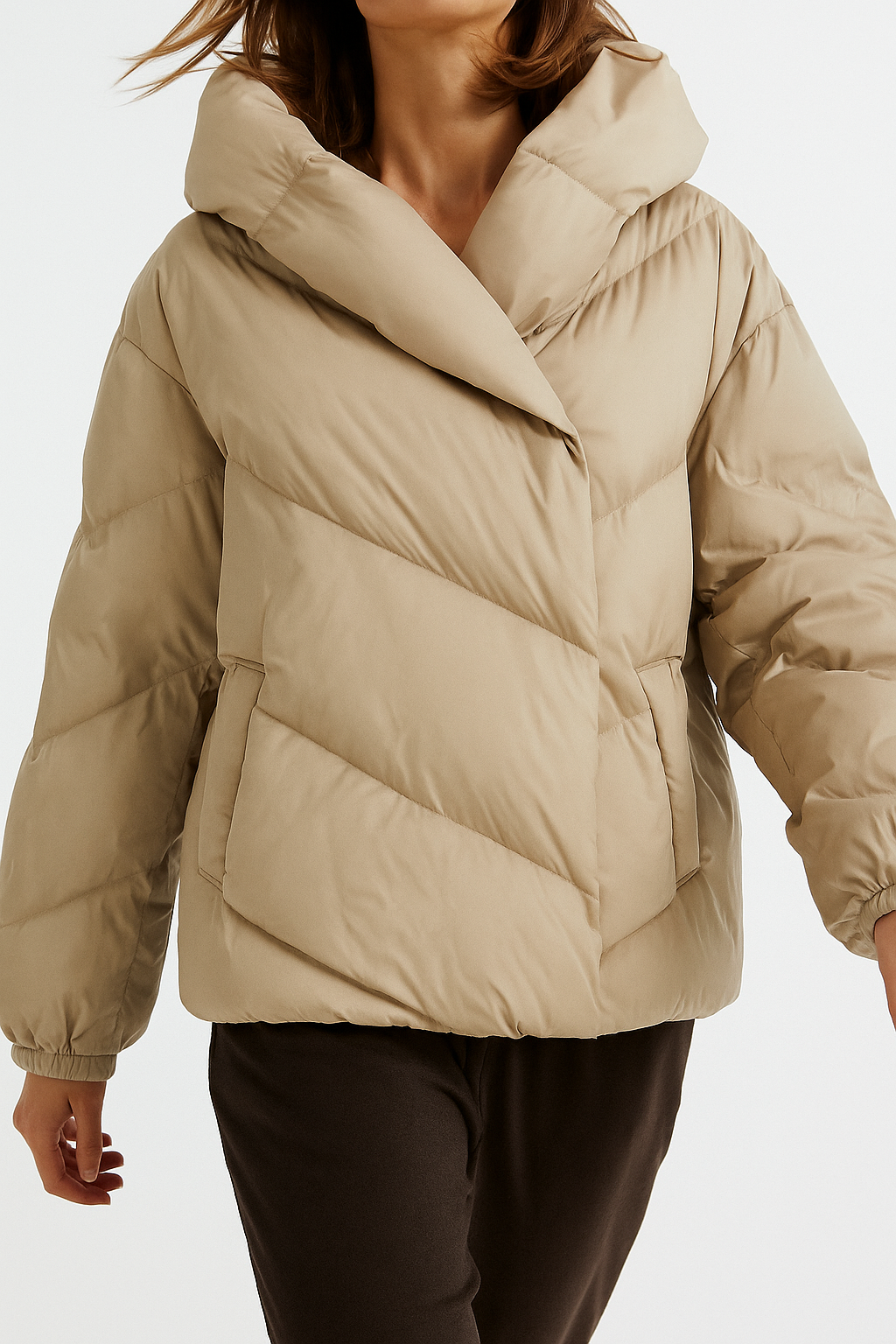 Christine Brewer Grace cropped hooded puffer jacket for women, shown in a close-up view highlighting the quilted design and hood.