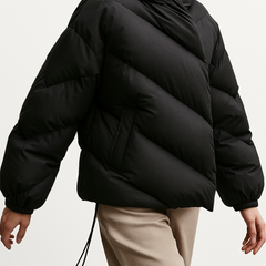 Women’s cropped hooded puffer jacket by Christine Brewer, stylish high-end puffer with a hood, perfect for cold weather.