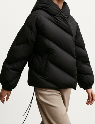 Women’s cropped hooded puffer jacket by Christine Brewer, stylish high-end puffer with a hood, perfect for cold weather.