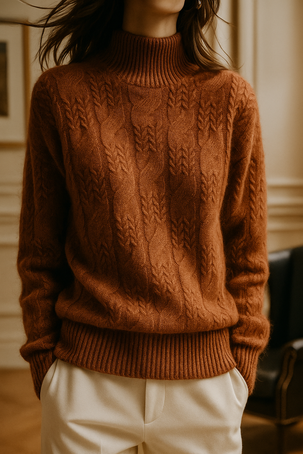 Elegant cashmere cable knit sweater for women, Janet by Christine Brewer, displayed on a neutral background.