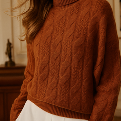 Elegant cashmere cable knit sweater for women by Christine Brewer, featuring a cozy, textured design in a stylish display.