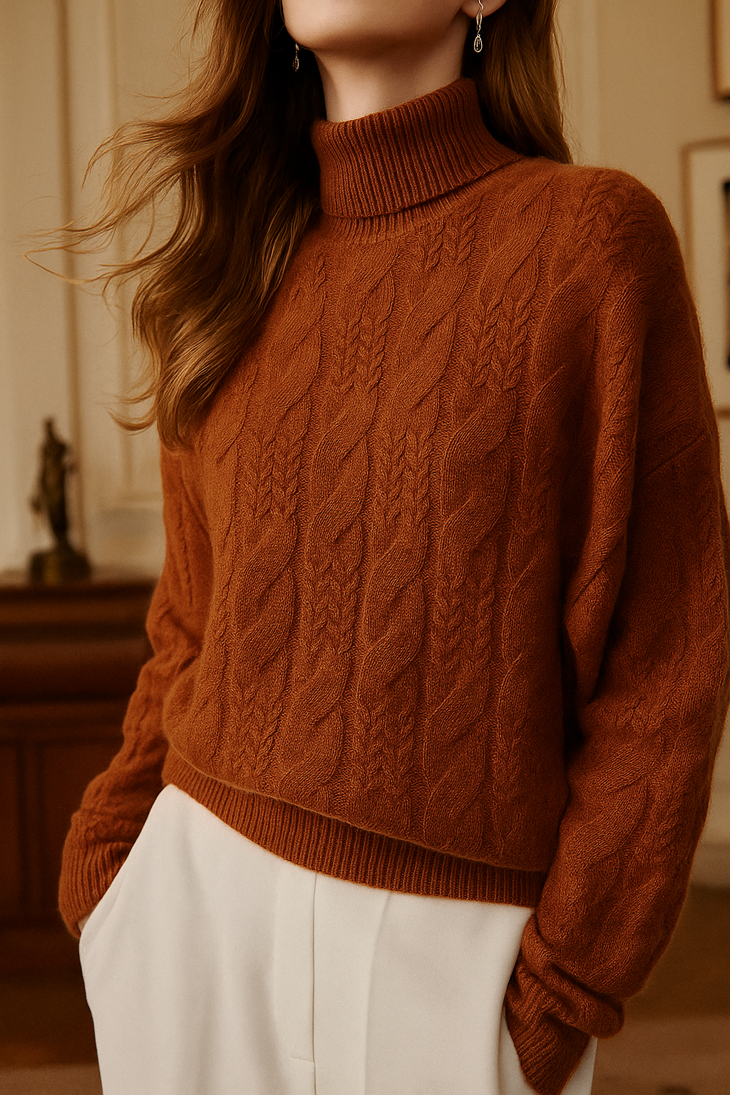 Elegant cashmere cable knit sweater for women by Christine Brewer, featuring a cozy, textured design in a stylish display.