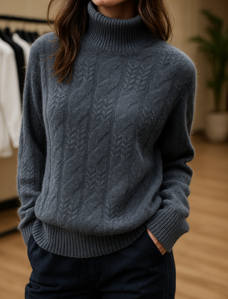 Elegant beige cashmere cable knit sweater for women by Christine Brewer, displayed on a mannequin.